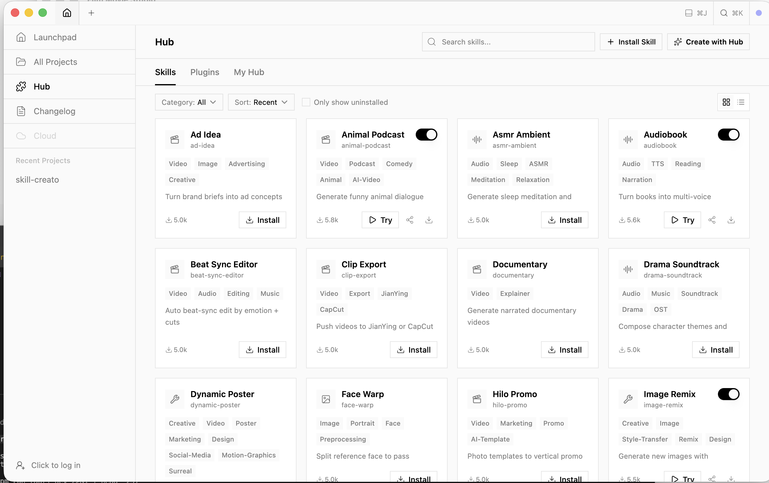 The Hub page with the skill grid