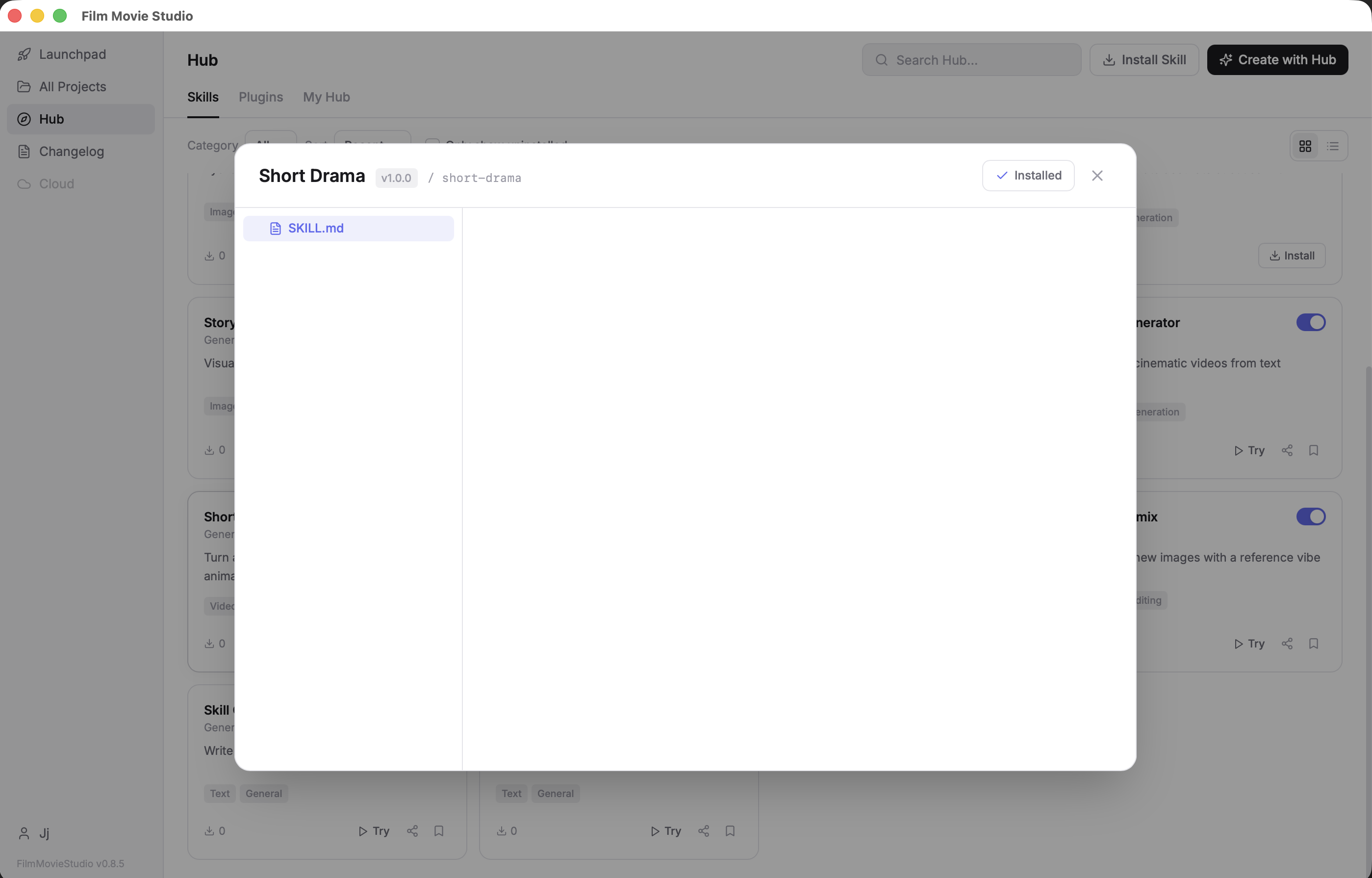 La pagina Hub con una skill selezionata