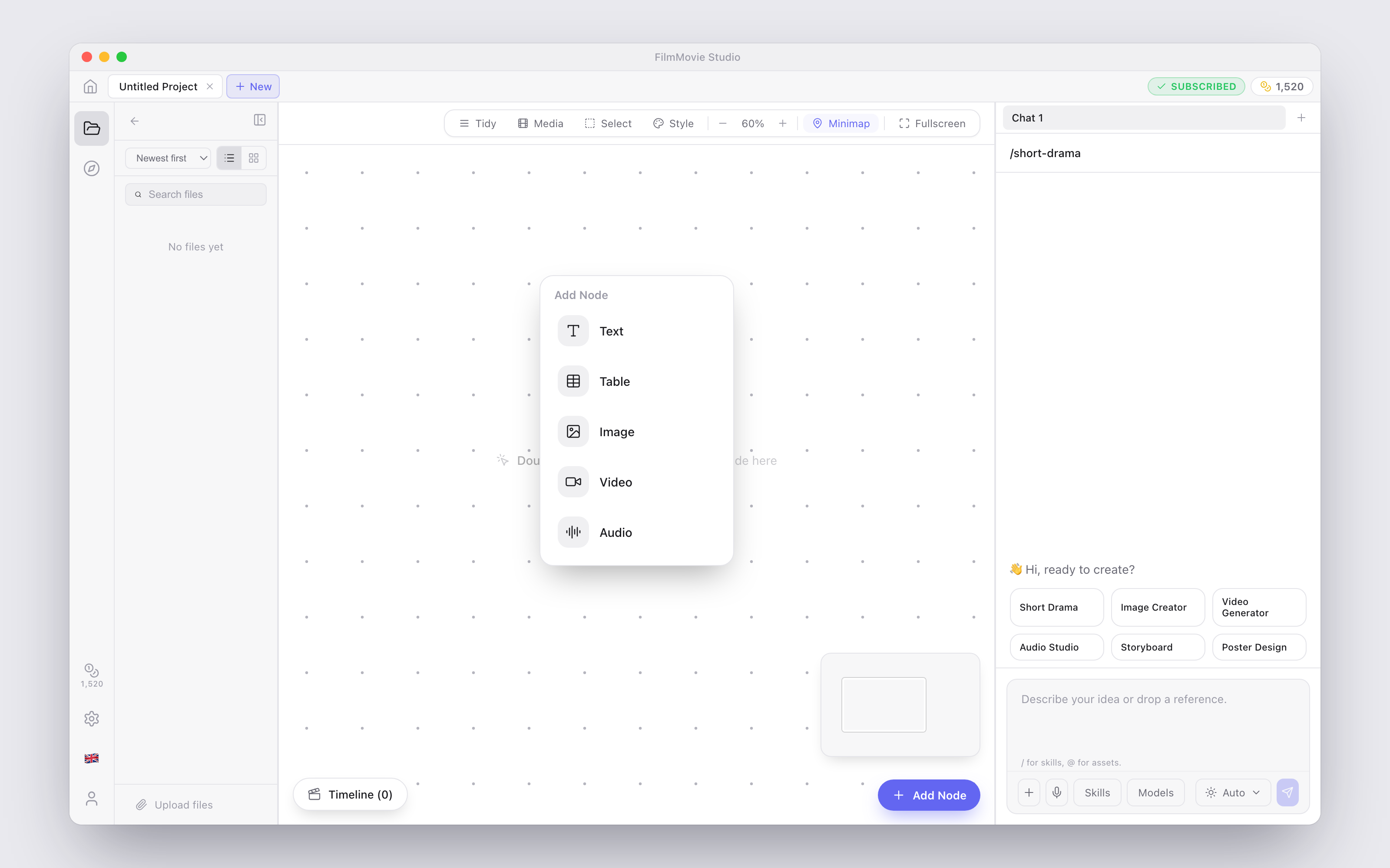El menú Add Node en un lienzo vacío