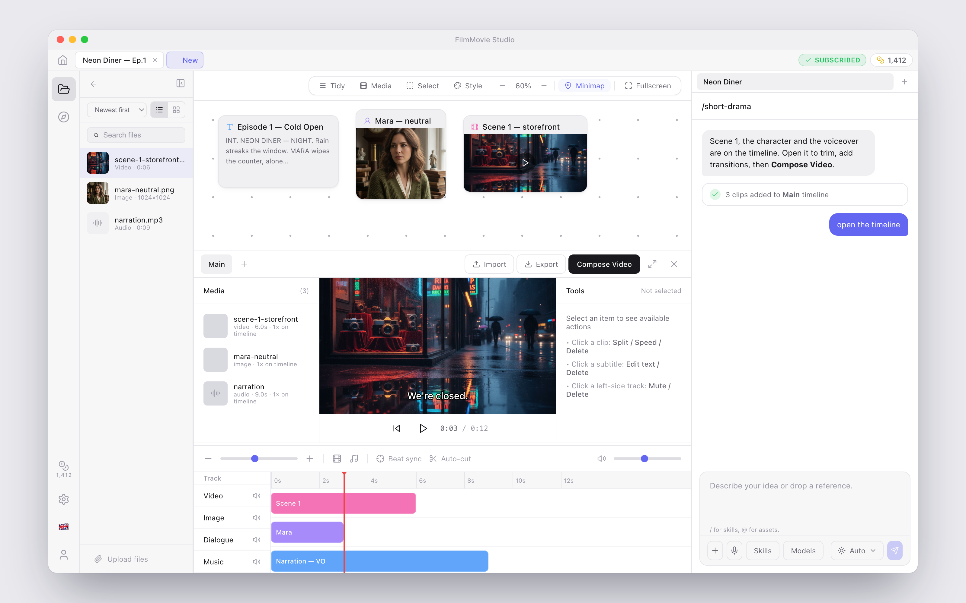 The timeline opens inside the workspace